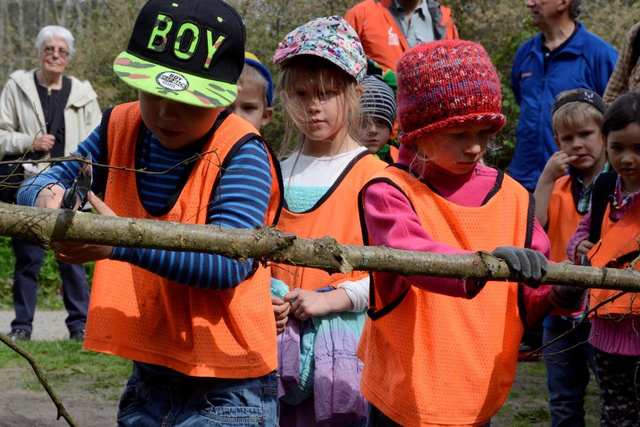 Barnen från Brösarps I Ur och Skur-förskola fick äran att "klippa bandet", dvs såga pinnen. Foto: Hanseric Jonsgården