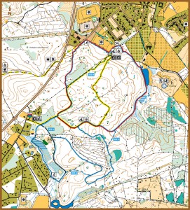 Karta över motionsspår i Brösarp, 5 km, 2,5 km och 1,75 km elljusspår.